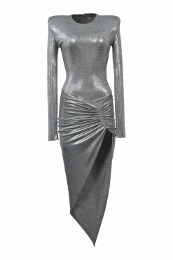 Metallic heather grey polyester-blend jersey long sleeve asymmetric knit dress with padded shoulders and ruched hip detail
