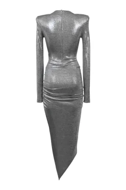 Metallic heather grey polyester-blend jersey long sleeve asymmetric knit dress with padded shoulders and ruched hip detail