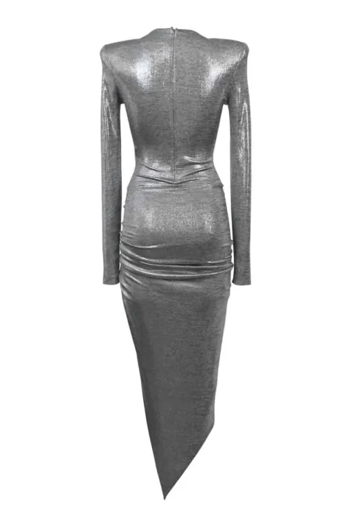 Metallic heather grey polyester-blend jersey long sleeve asymmetric knit dress with padded shoulders and ruched hip detail