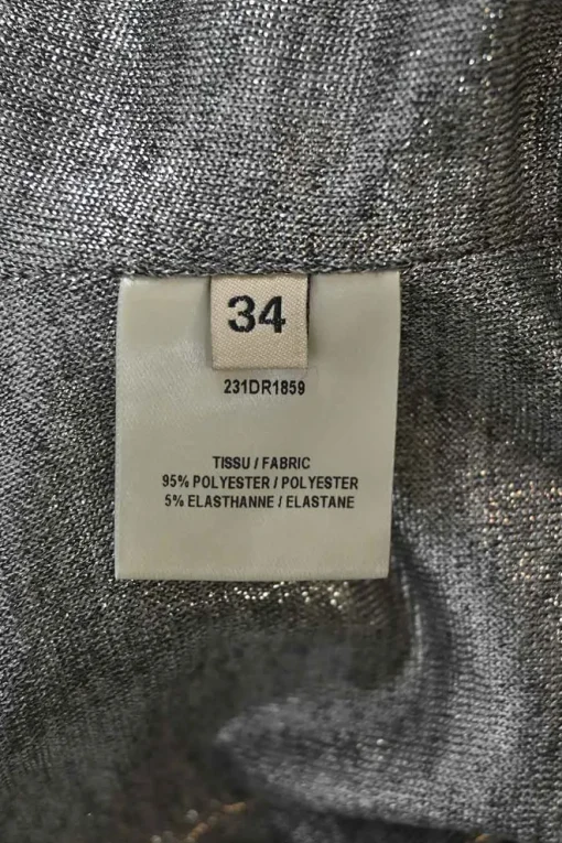 Metallic heather grey polyester-blend jersey long sleeve asymmetric knit dress with padded shoulders and ruched hip detail