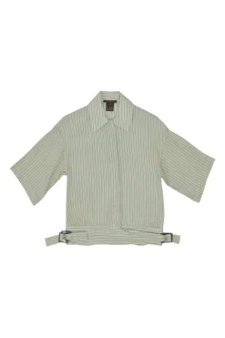 Min green silk-cotton blend striped seersucker point collar short sleeve shirt with pull tab buckle fastening