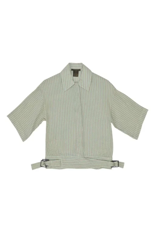 Min green silk-cotton blend striped seersucker point collar short sleeve shirt with pull tab buckle fastening