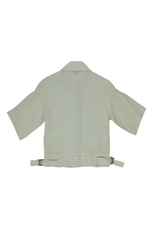 Min green silk-cotton blend striped seersucker point collar short sleeve shirt with pull tab buckle fastening