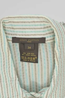 Min green silk-cotton blend striped seersucker point collar short sleeve shirt with pull tab buckle fastening
