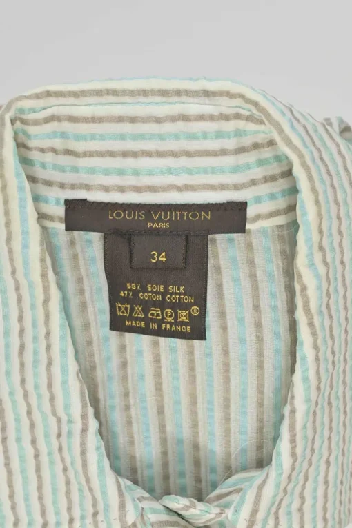 Min green silk-cotton blend striped seersucker point collar short sleeve shirt with pull tab buckle fastening