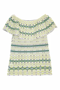 Mint green and blue cotton-blend off-shoulder warp-knit pullover top