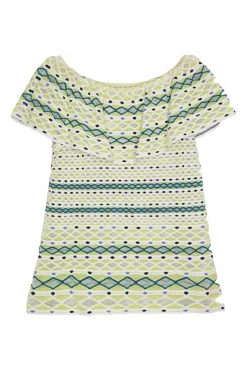 Mint green and blue cotton-blend off-shoulder warp-knit pullover top