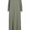 Mint green cotton gauze band collar pullover swing-style maxi dress with blouson sleeves