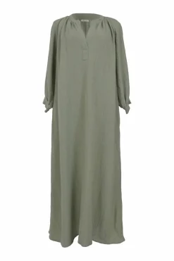 Mint green cotton gauze band collar pullover swing-style maxi dress with blouson sleeves