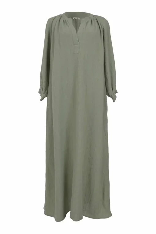 Mint green cotton gauze band collar pullover swing-style maxi dress with blouson sleeves