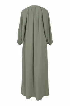 Mint green cotton gauze band collar pullover swing-style maxi dress with blouson sleeves