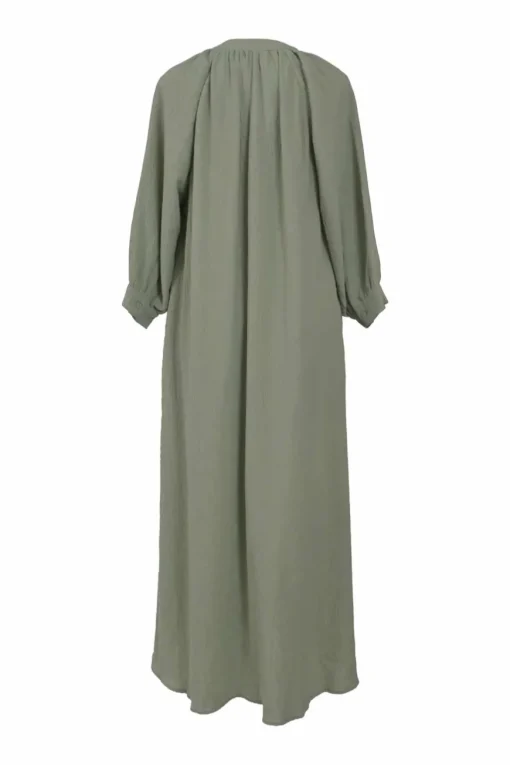 Mint green cotton gauze band collar pullover swing-style maxi dress with blouson sleeves