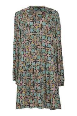 Mint green kaleidoscopic digi-print spread collar pullover swing-style shift dress
