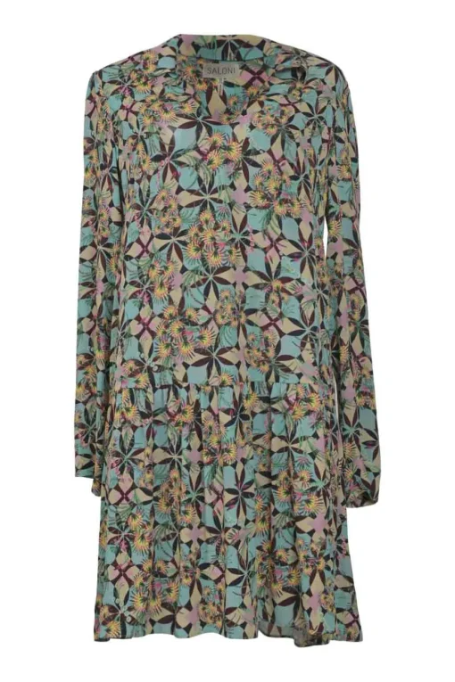 Mint green kaleidoscopic digi-print spread collar pullover swing-style shift dress