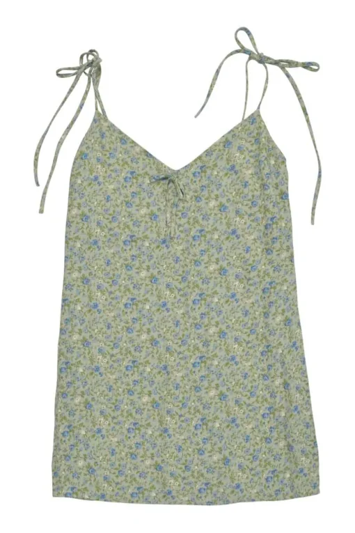 Mint green viscose-blend ditsy floral print slip dress with adjustable ribbon tie straps