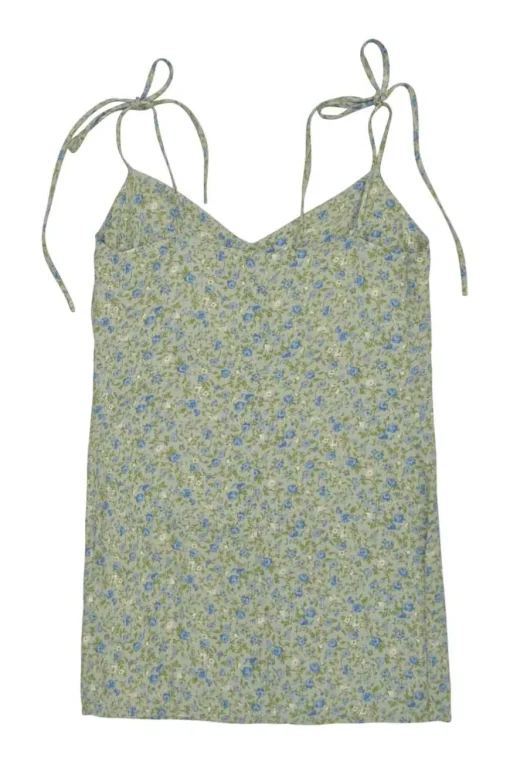Mint green viscose-blend ditsy floral print slip dress with adjustable ribbon tie straps