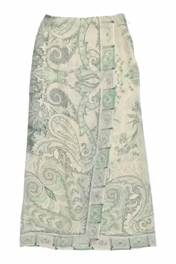 Mint silk abstract paisley print wrap-front midi slip skirt with concealed side zip fastening