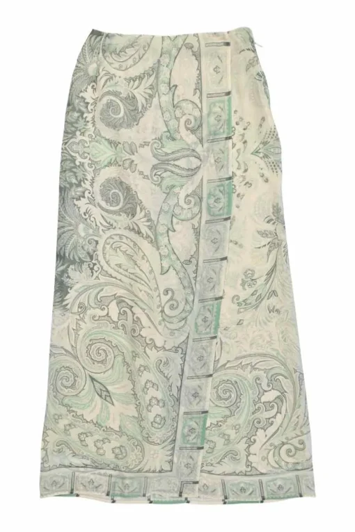 Mint silk abstract paisley print wrap-front midi slip skirt with concealed side zip fastening