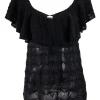 Missoni black cotton mix short sleeve knit top with flounce on neckline and on sleeves