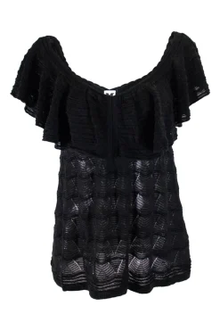 Missoni black cotton mix short sleeve knit top with flounce on neckline and on sleeves