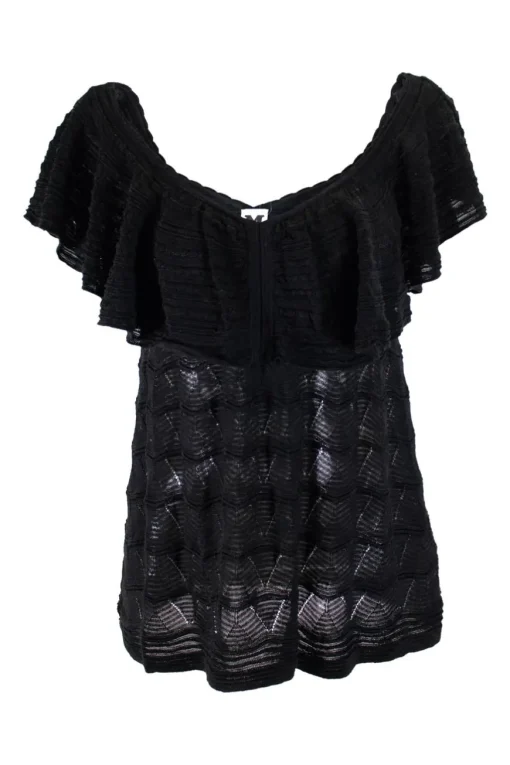 Missoni black cotton mix short sleeve knit top with flounce on neckline and on sleeves
