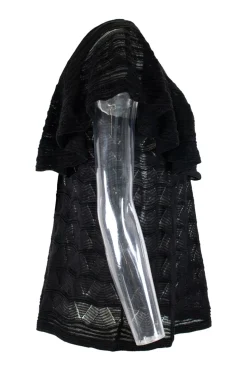 Missoni black cotton mix short sleeve knit top with flounce on neckline and on sleeves
