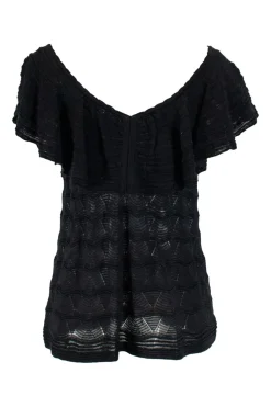 Missoni black cotton mix short sleeve knit top with flounce on neckline and on sleeves