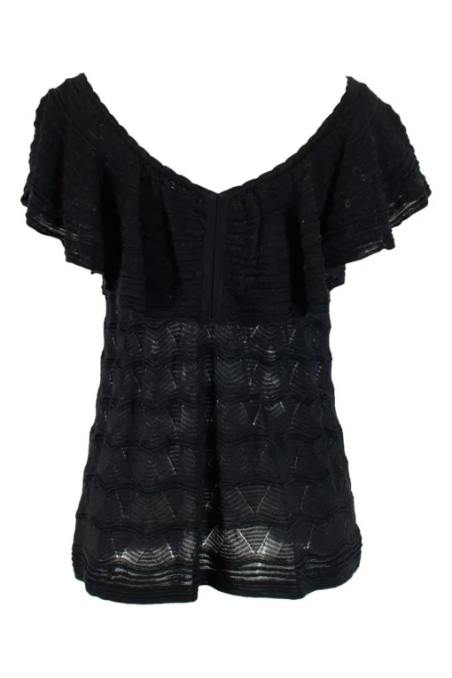 Missoni black cotton mix short sleeve knit top with flounce on neckline and on sleeves