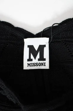 Missoni black cotton mix short sleeve knit top with flounce on neckline and on sleeves