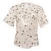 Mixed-metal star-embroidered raw-edge tulle pullover half-sleeve blouse with keyhole back