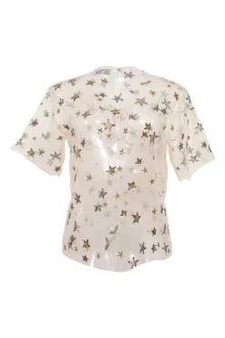 Mixed-metal star-embroidered raw-edge tulle pullover half-sleeve blouse with keyhole back