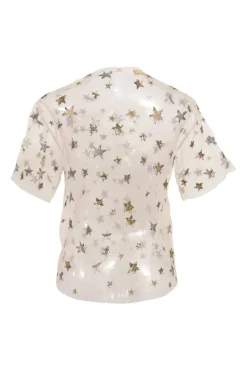Mixed-metal star-embroidered raw-edge tulle pullover half-sleeve blouse with keyhole back