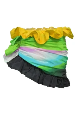 Muli-colour ombré nylon ruffle mini skirt featuring asymmetrical gathered hip detail and hemline