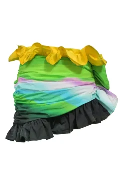Muli-colour ombré nylon ruffle mini skirt featuring asymmetrical gathered hip detail and hemline