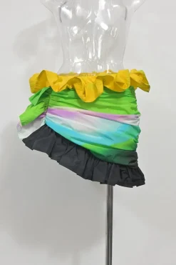 Muli-colour ombré nylon ruffle mini skirt featuring asymmetrical gathered hip detail and hemline