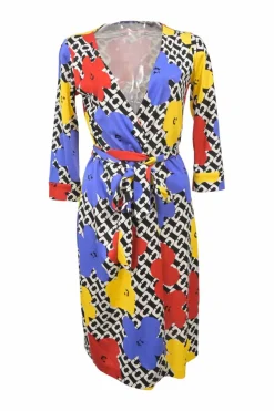 Multicolor silk V neck wrap dress
