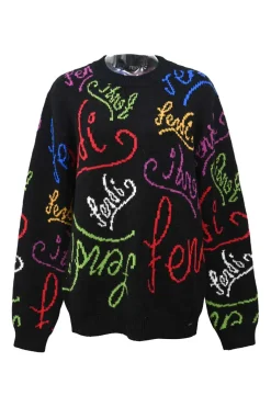 Multi-color wool all-over logo intarsia knit crewneck pullover oversized sweater