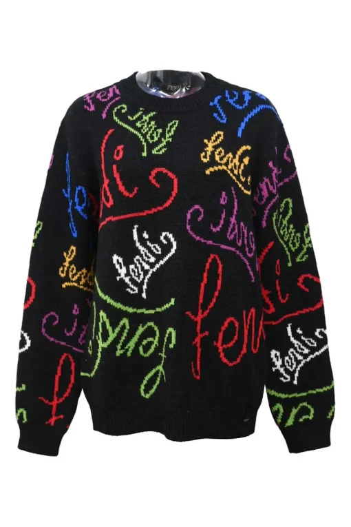 Multi-color wool all-over logo intarsia knit crewneck pullover oversized sweater