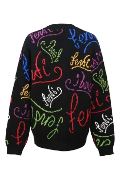 Multi-color wool all-over logo intarsia knit crewneck pullover oversized sweater