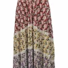 Multi-colour bias-cut paneled polyester floral print pull-on A-line midi skirt with contrasting lace trim inserts