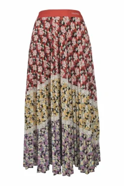 Multi-colour bias-cut paneled polyester floral print pull-on A-line midi skirt with contrasting lace trim inserts