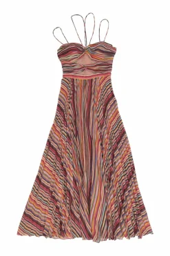 Multi-colour bias-cut polyester stripe Lana twist-front cutout slit gown