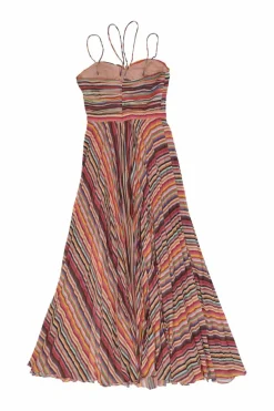 Multi-colour bias-cut polyester stripe Lana twist-front cutout slit gown