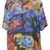 Multi-colour cotton-blend abstract floral print oversized spread collar button-front short sleeve shirt