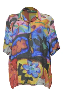 Multi-colour cotton-blend abstract floral print oversized spread collar button-front short sleeve shirt