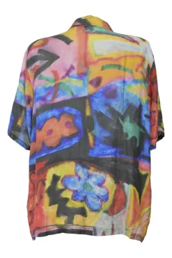 Multi-colour cotton-blend abstract floral print oversized spread collar button-front short sleeve shirt