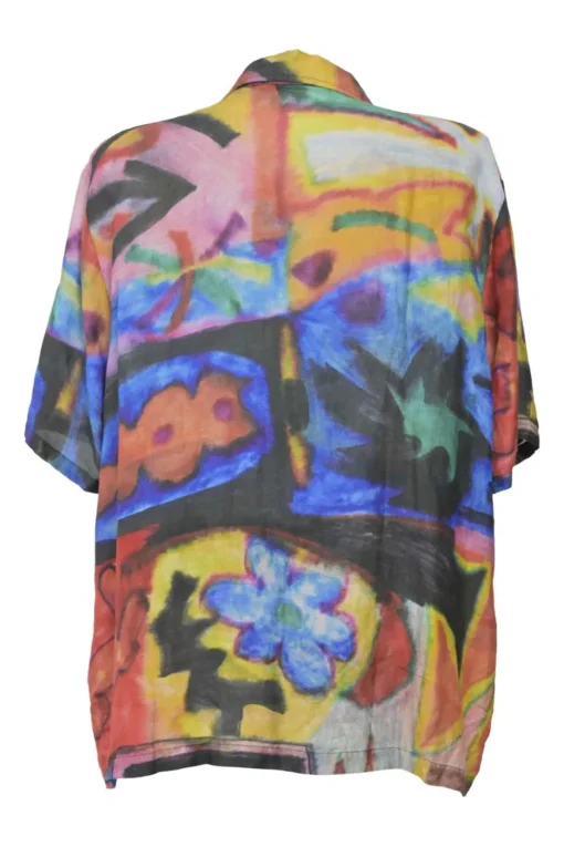 Multi-colour cotton-blend abstract floral print oversized spread collar button-front short sleeve shirt