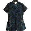 Multicolour cotton-blend paneled floral lace up short sleeve safari peplum top