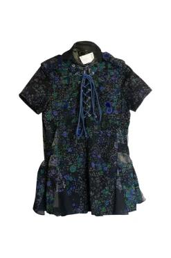 Multicolour cotton-blend paneled floral lace up short sleeve safari peplum top