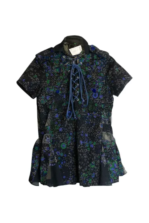 Multicolour cotton-blend paneled floral lace up short sleeve safari peplum top